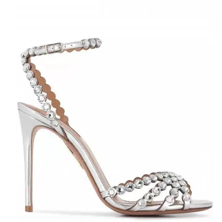 European And American New Single buckle High-heeled Multi Colored Rhinestone Fish Mouth Sandals Women's Fashion Banquet Shoes