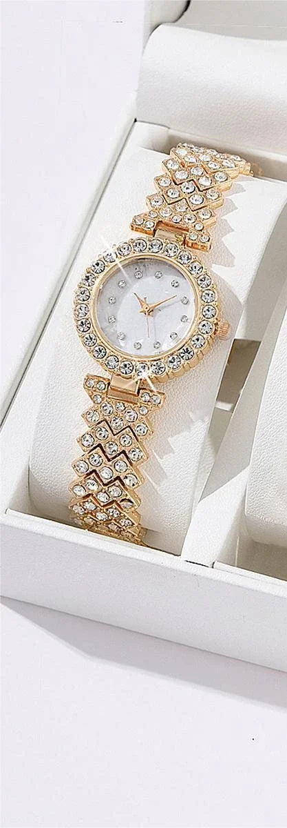 5pcs Luxury Watch Women Ring Necklace Earrings Bracelet Set Watches Silver Leather Strap Ladies Quartz WristWatch No Box