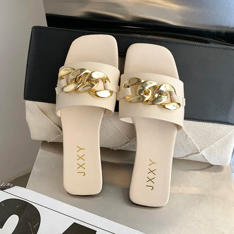 Wide Fit Slip-On Metal Chain Decor Slides For Women, Breathable Open-Toe Summer Casual Sandals With Adjustable Strap