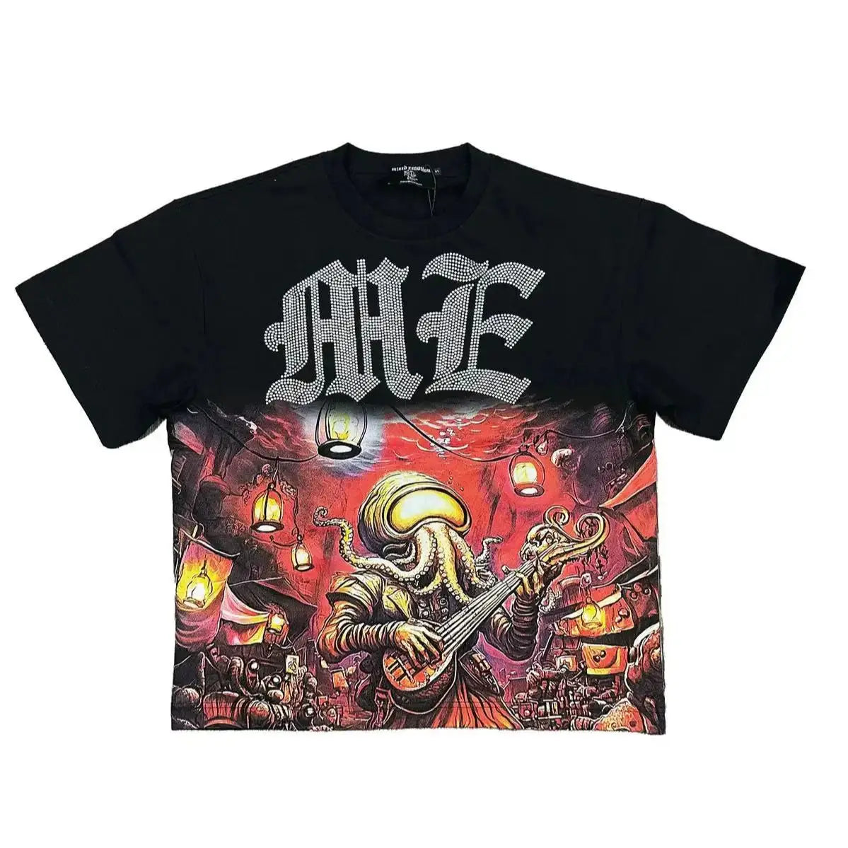 Mixed Emotion Letter Rhinestone Short Sleeve Black Oversized Tshirt