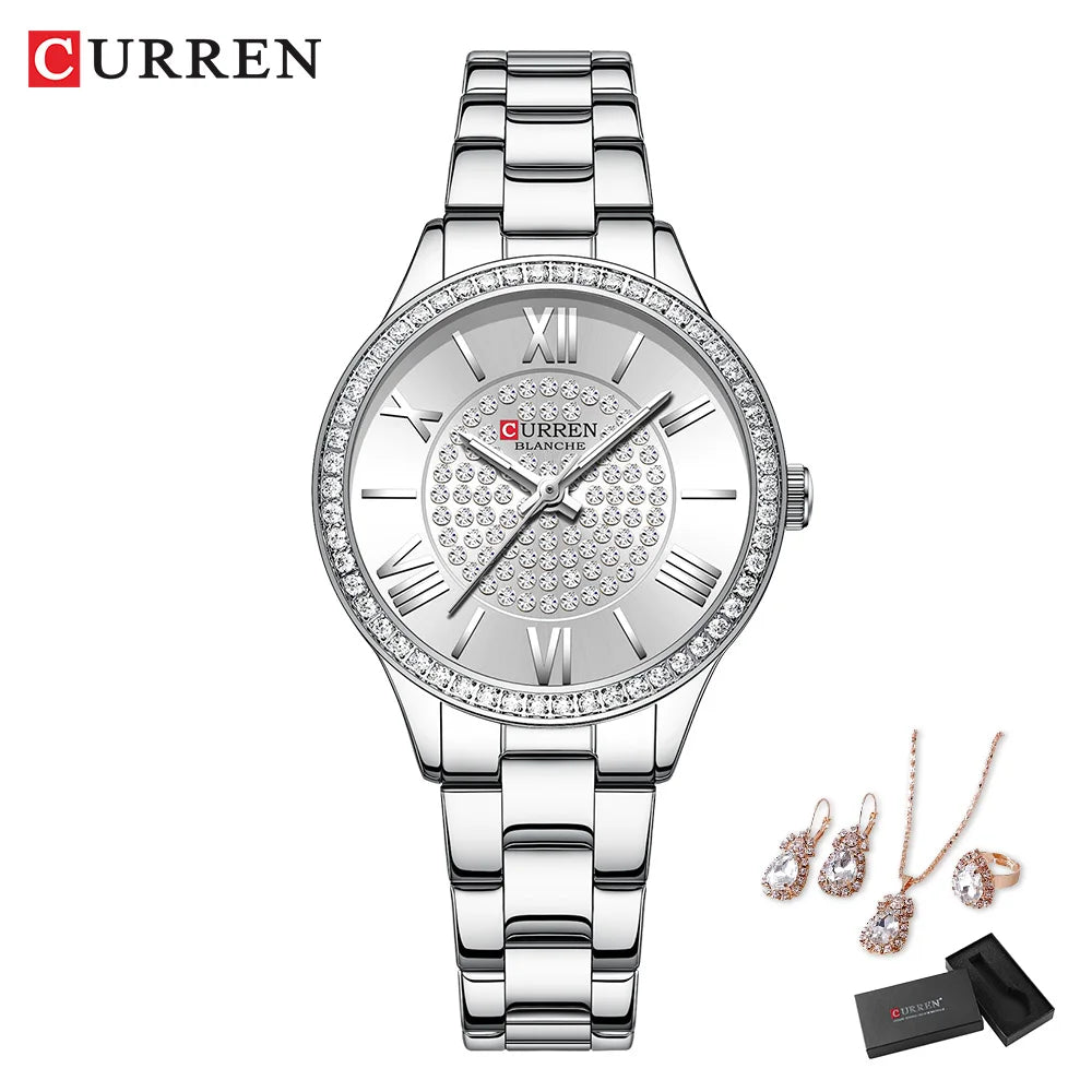 CURREN Luxury Watch Women Ring Necklace Earrings Rhinestone Fashion Wristwatch Female Casual Ladies Watches Bracelet 5PCS Set