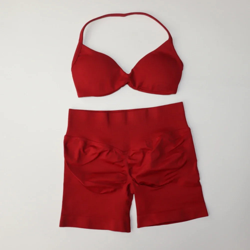 Impact Gym Set Women Two Piece Strappy Yoga Bra Top Workout Scrunch Shorts Suit Fitness Clothes Seamless Sportswear Workout Set
