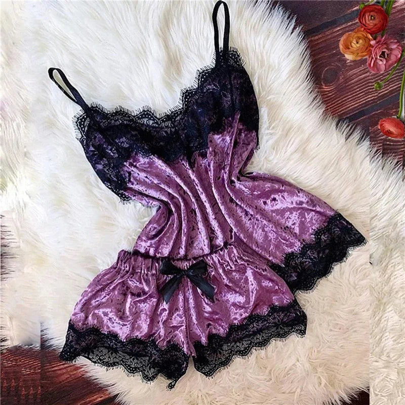 Sexy Sleepwear Bow Shorts V-Neck Tops Velvet Pajamas Sleepwear