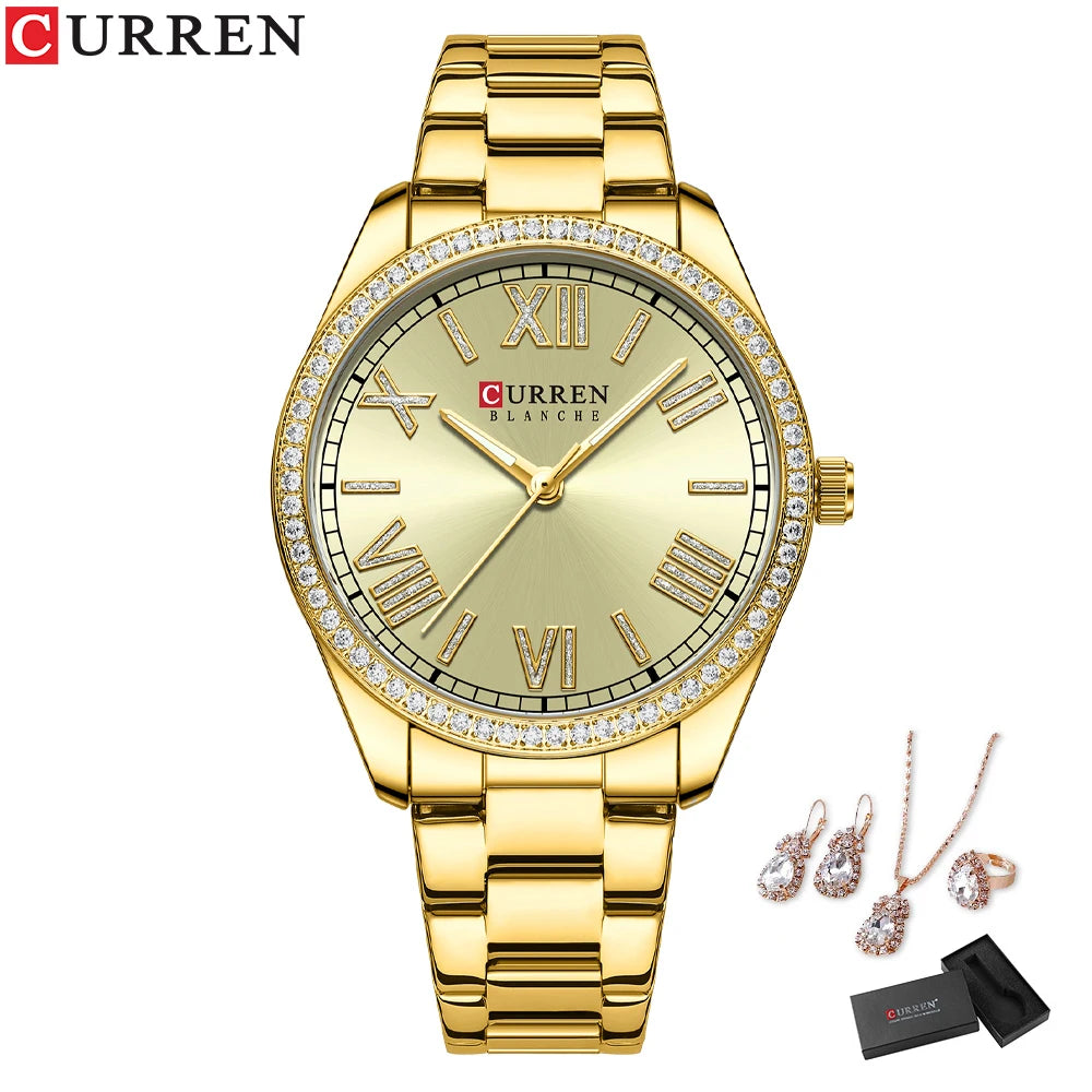 CURREN Luxury Watch Women Ring Necklace Earrings Rhinestone Fashion Wristwatch Female Casual Ladies Watches Bracelet 5PCS Set