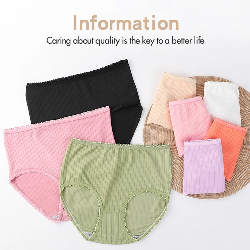 8pcs Women Panties Girl Plus Size Underwear High Waist Briefs Breathable Solid Color Soft Female Lingerie Ruffles Decoration