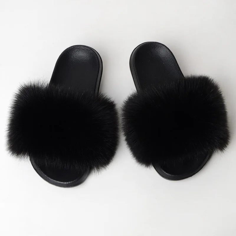 Faux Fur Slippers Women Home Fluffy Flat Slides Winter Comfort Furry House Sweet Shoes Female Slipper Indoor Flip Flops