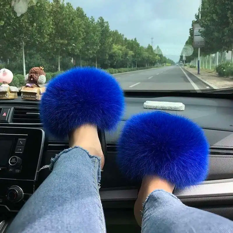 Fur Slippers Women Summer Fluffy Plush Casual Fluffy Flat Non-Slip Real Fox Fur Slides Outdoor Flat Ladies Sandals Flip Flops