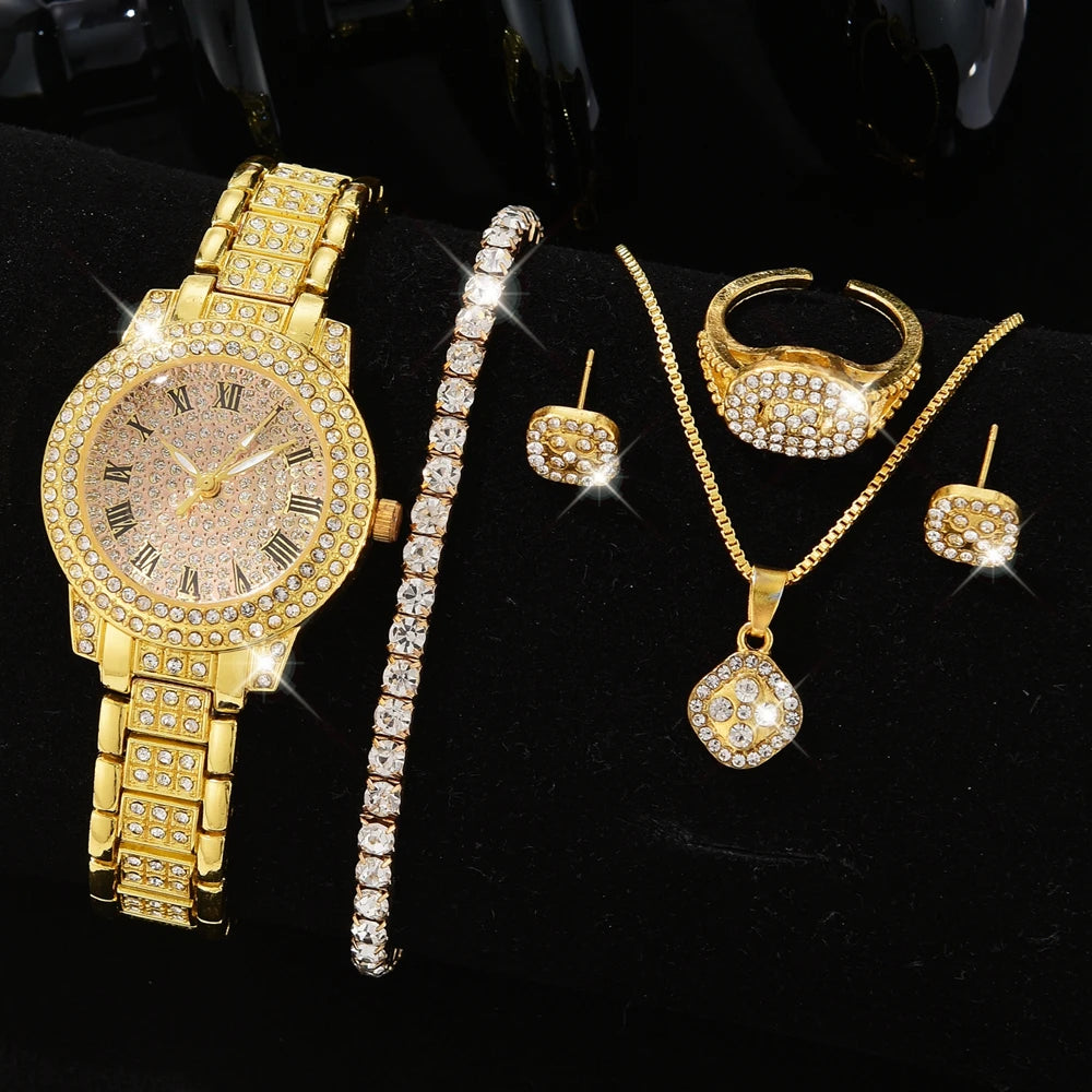 6PCS/SET Silver Women's Element Luxury Dial Quartz Watch Jewelry Set