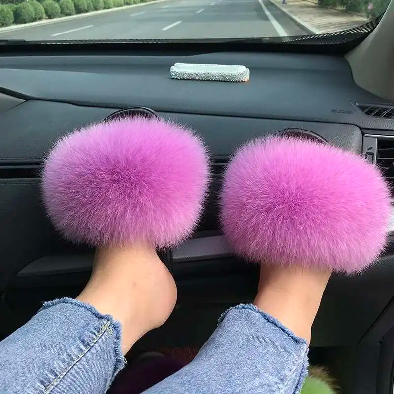 Fur Slippers Women Summer Fluffy Plush Casual Fluffy Flat Non-Slip Real Fox Fur Slides Outdoor Flat Ladies Sandals Flip Flops