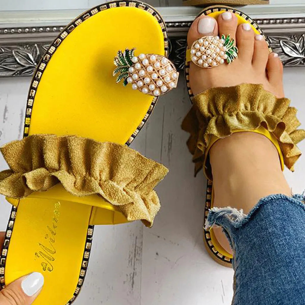 Pineapple Pearl Bohemian Flat Sandals for Women - Stylish Summer Beach Footwear, Plus Size Available