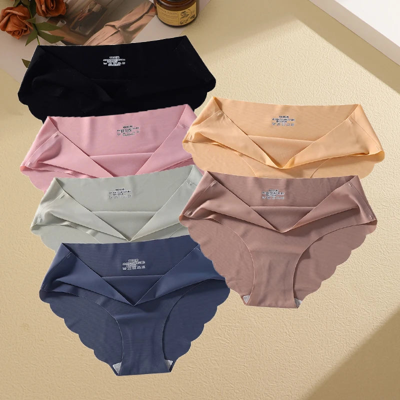 6Pcs/set Seamless Ice Silk Briefs Sexy Wavy Edge Underwear for Women Female Mid-waist Panties M-XL High Elasticity Lingerie New