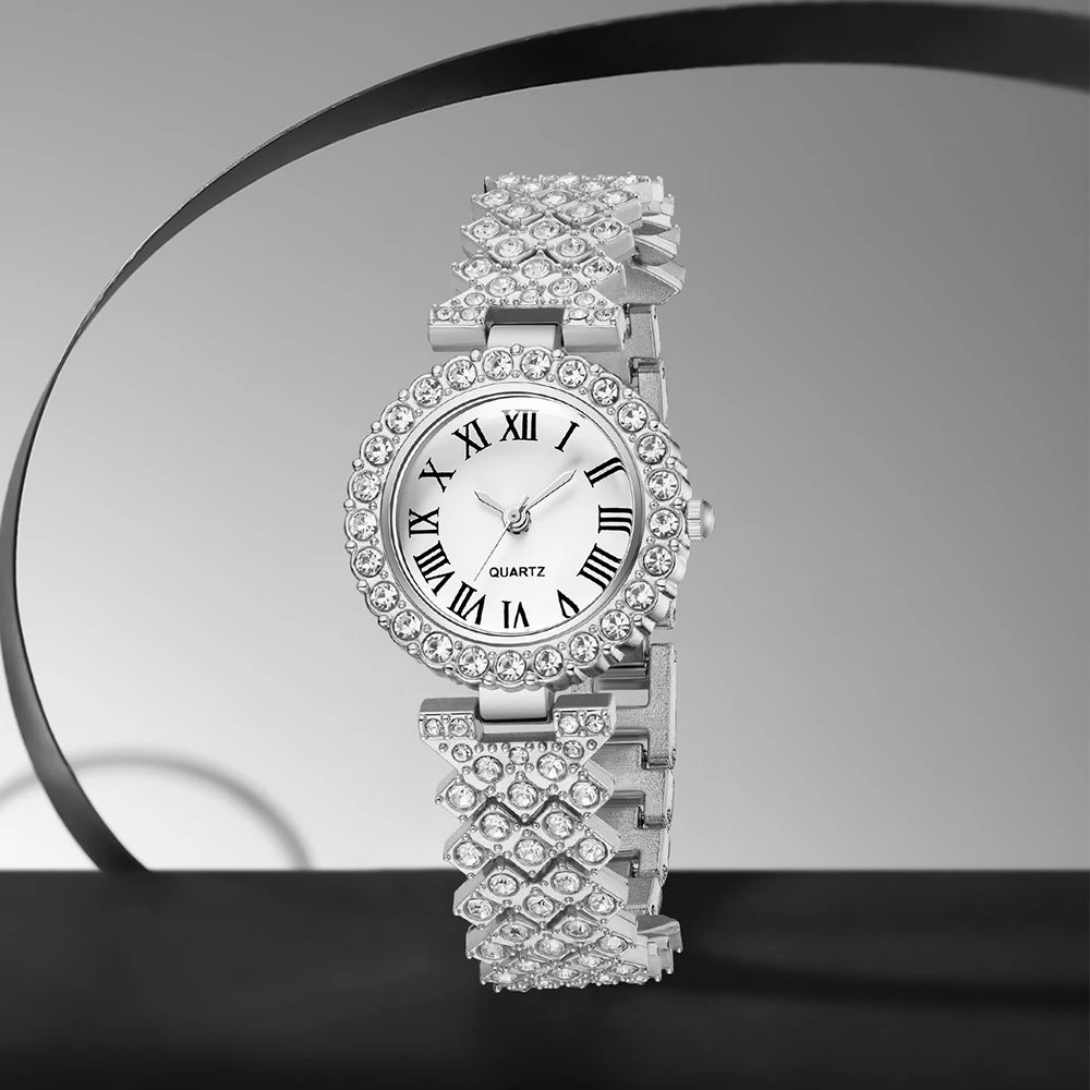 6PCS/SET Silver Women's Element Luxury Dial Quartz Watch Jewelry Set