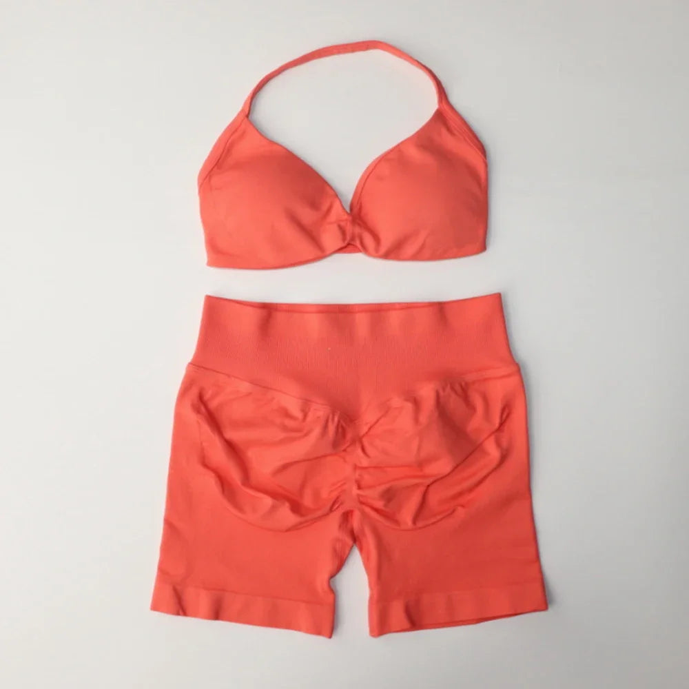 Impact Gym Set Women Two Piece Strappy Yoga Bra Top Workout Scrunch Shorts Suit Fitness Clothes Seamless Sportswear Workout Set