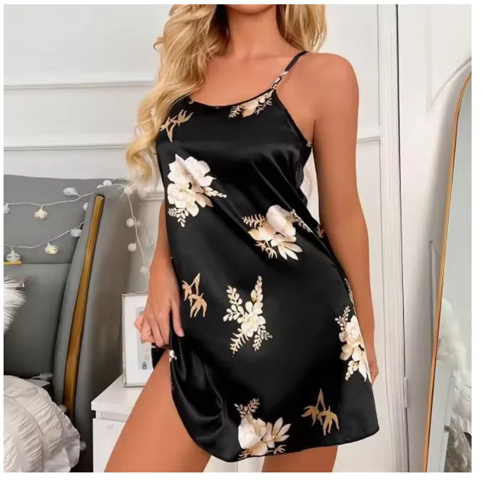 Women Sexy Black Floral Printing Nightdress Sleepwear Nightshirts Silk Nightgowns