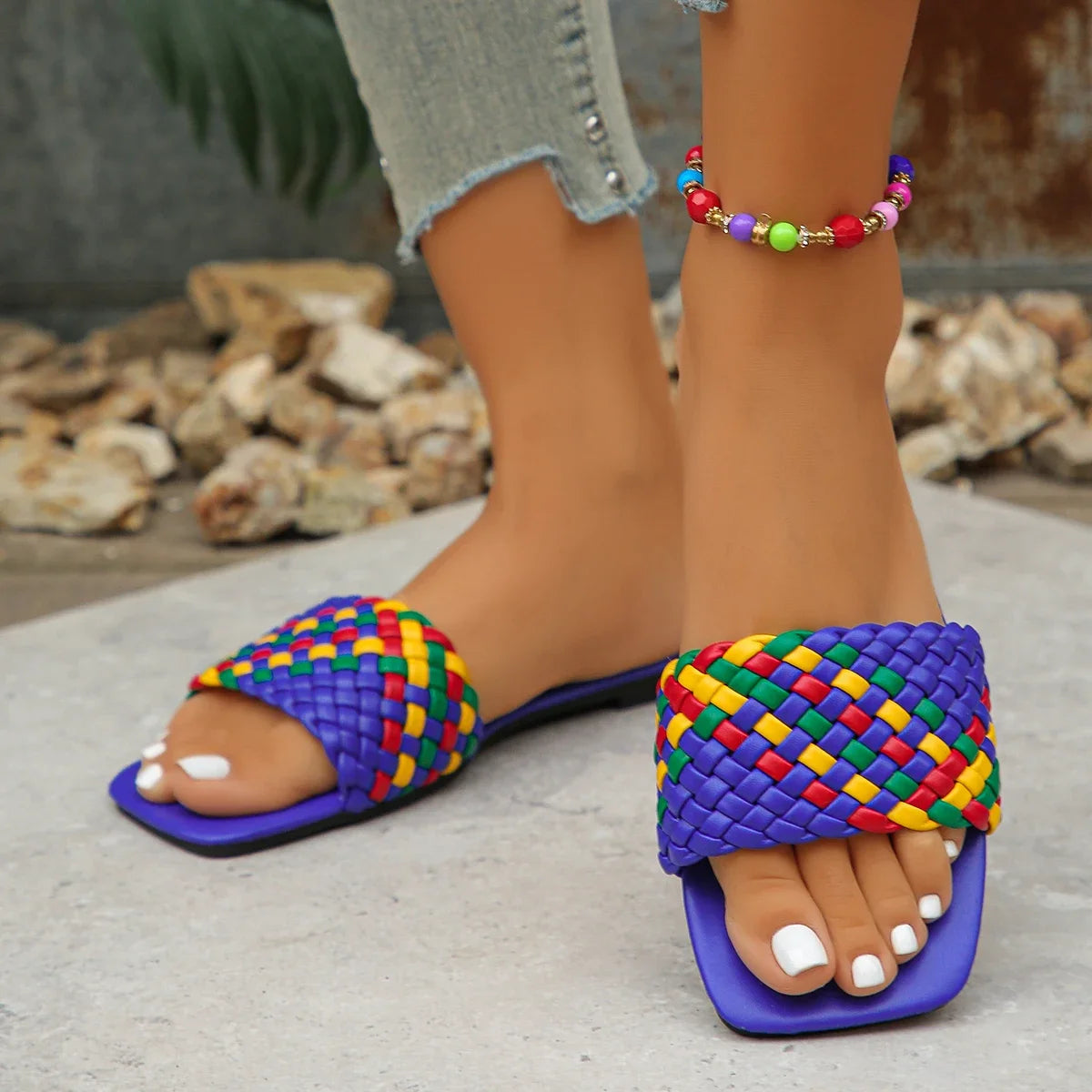 Women Slippers Summer Fashion Beach Mules Casual Indoor Home Slippers Selling Sexy Braided Square Toe Flat Sandals Slides Women