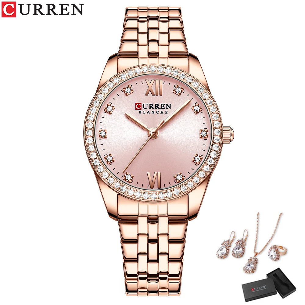 CURREN Luxury Watch Women Ring Necklace Earrings Rhinestone Fashion Wristwatch Female Casual Ladies Watches Bracelet 5PCS Set