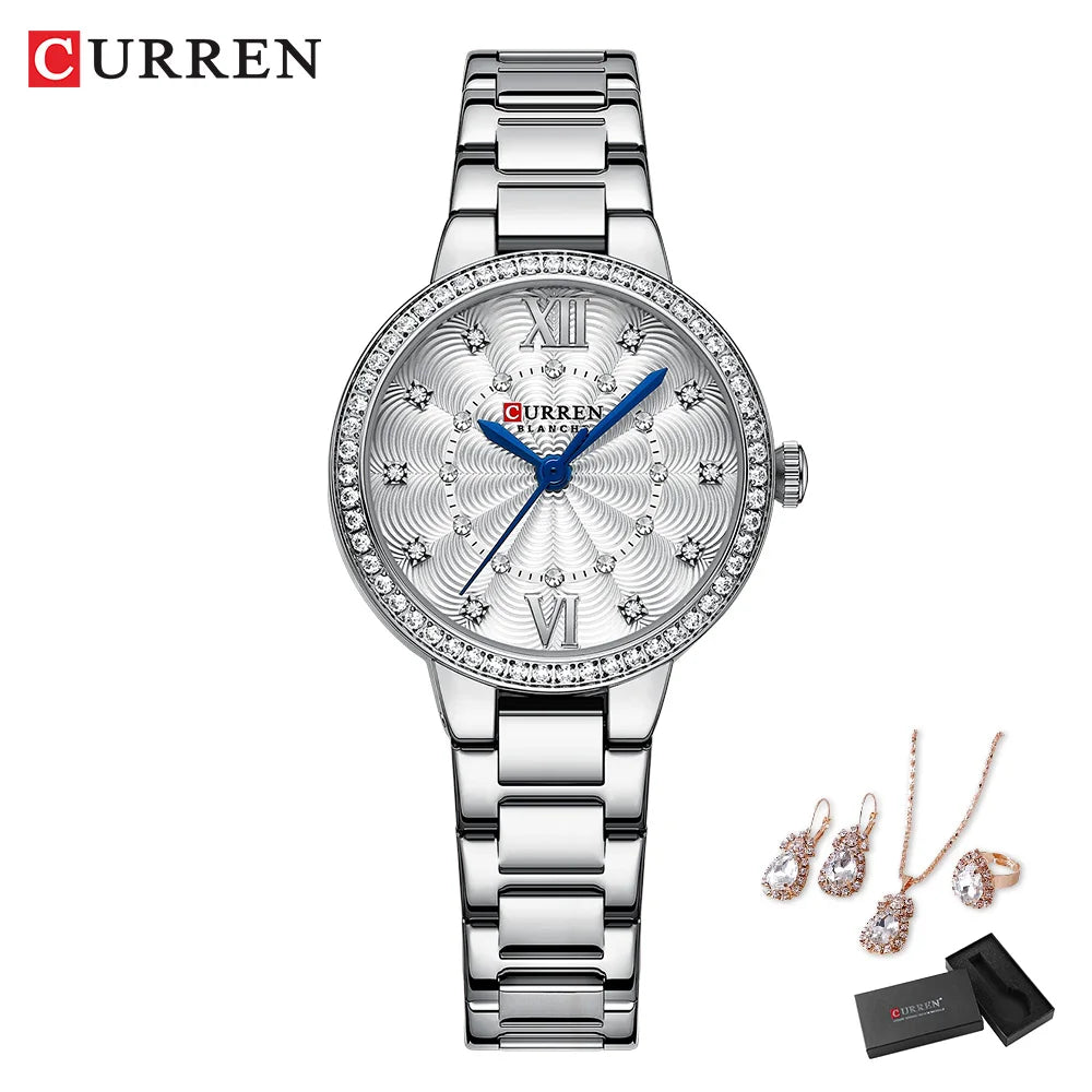 CURREN Luxury Watch Women Ring Necklace Earrings Rhinestone Fashion Wristwatch Female Casual Ladies Watches Bracelet 5PCS Set