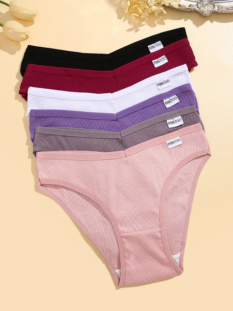 FINETOO 7Pcs Cotton M-3XL Striped Underwear Women's Breathable Panties Sexy V Waist Comfortable Briefs Ladies Low Waist Lingerie