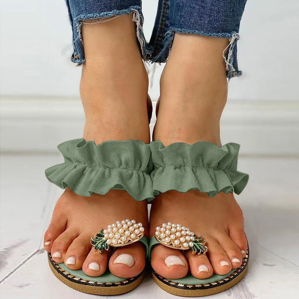 Pineapple Pearl Bohemian Flat Sandals for Women - Stylish Summer Beach Footwear, Plus Size Available