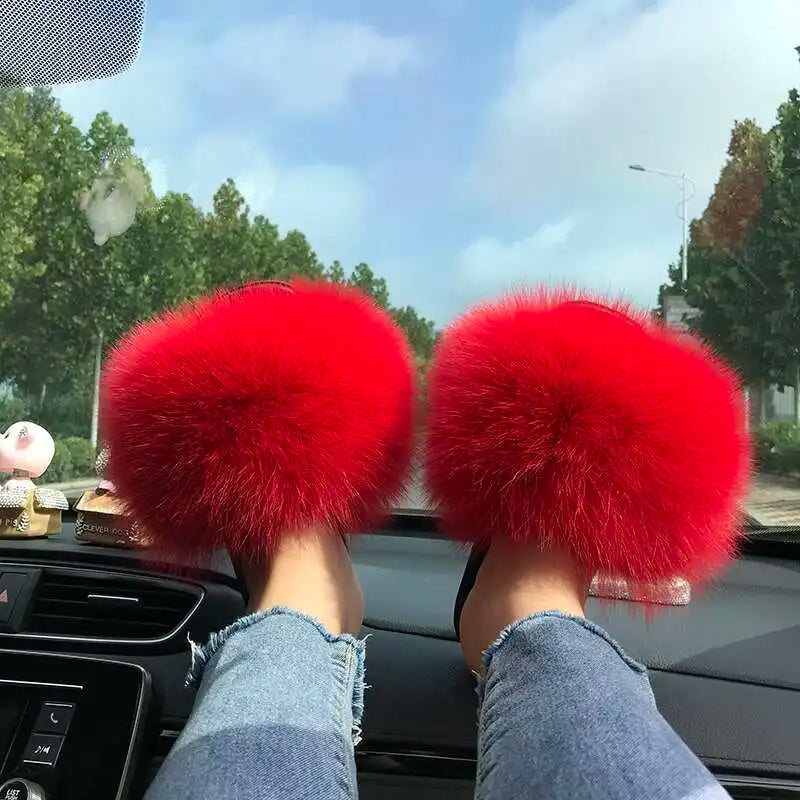 Fur Slippers Women Summer Fluffy Plush Casual Fluffy Flat Non-Slip Real Fox Fur Slides Outdoor Flat Ladies Sandals Flip Flops