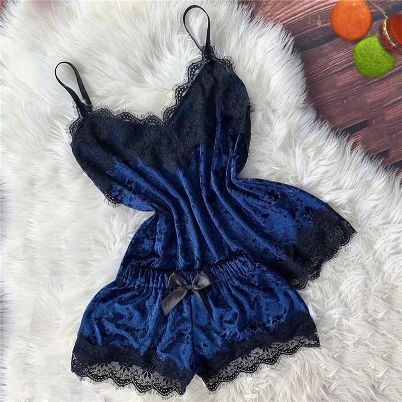 Sexy Sleepwear Bow Shorts V-Neck Tops Velvet Pajamas Sleepwear