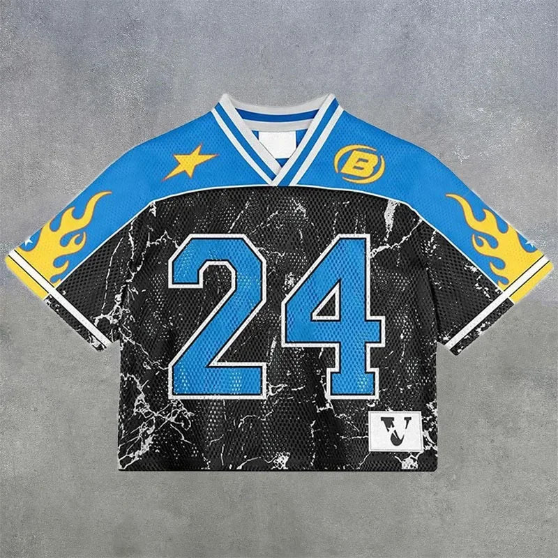 European and American trendy men T-shirts mesh short-sleeved quick-drying football jerseys retro streetwear V-neck loose tops