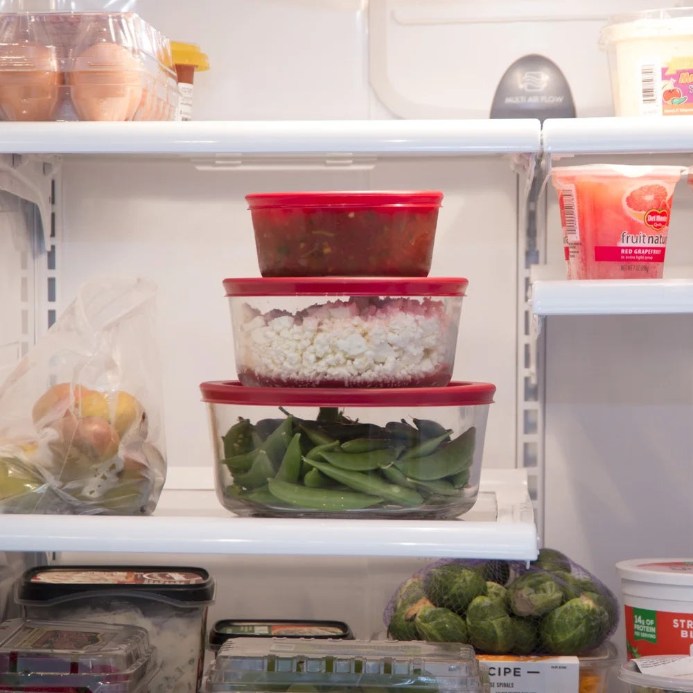 14-Piece Clear Glass Food Storage Containers Set Non-Toxic Stackable Microwave Dishwasher Freezer Safe Red Lids Ideal Kitchen