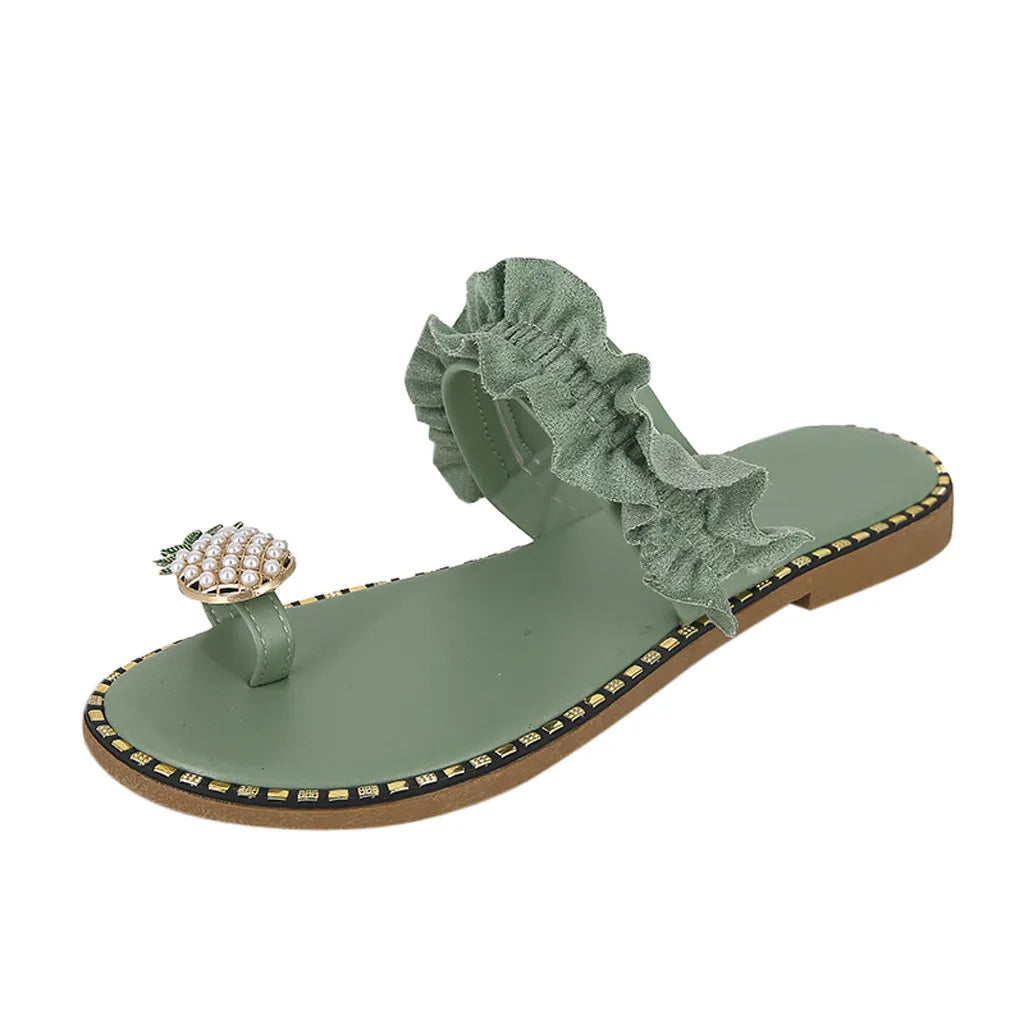 Pineapple Pearl Bohemian Flat Sandals for Women - Stylish Summer Beach Footwear, Plus Size Available