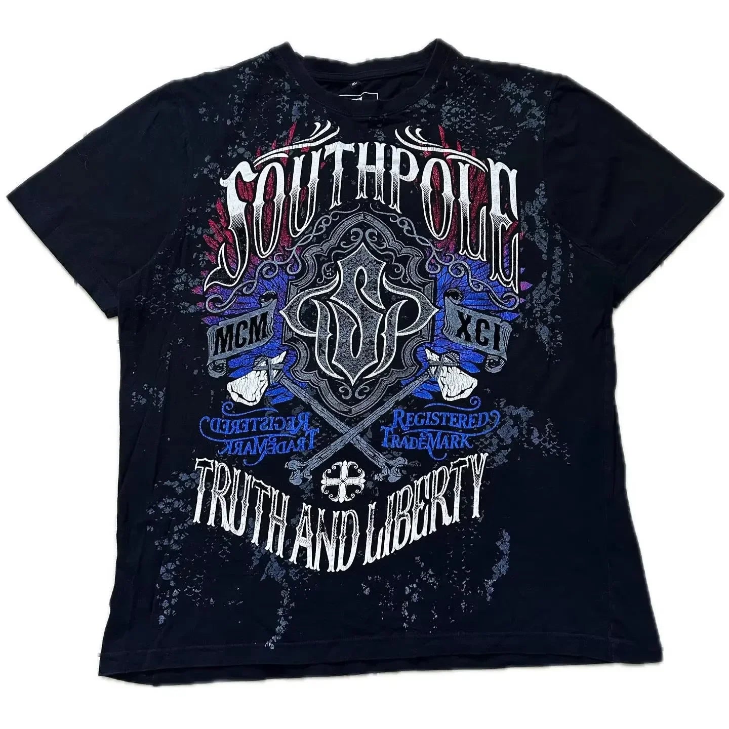 South pole Vintage Cotton Graphic Tee Distressed Oversized T-Shirt with Gothic Print