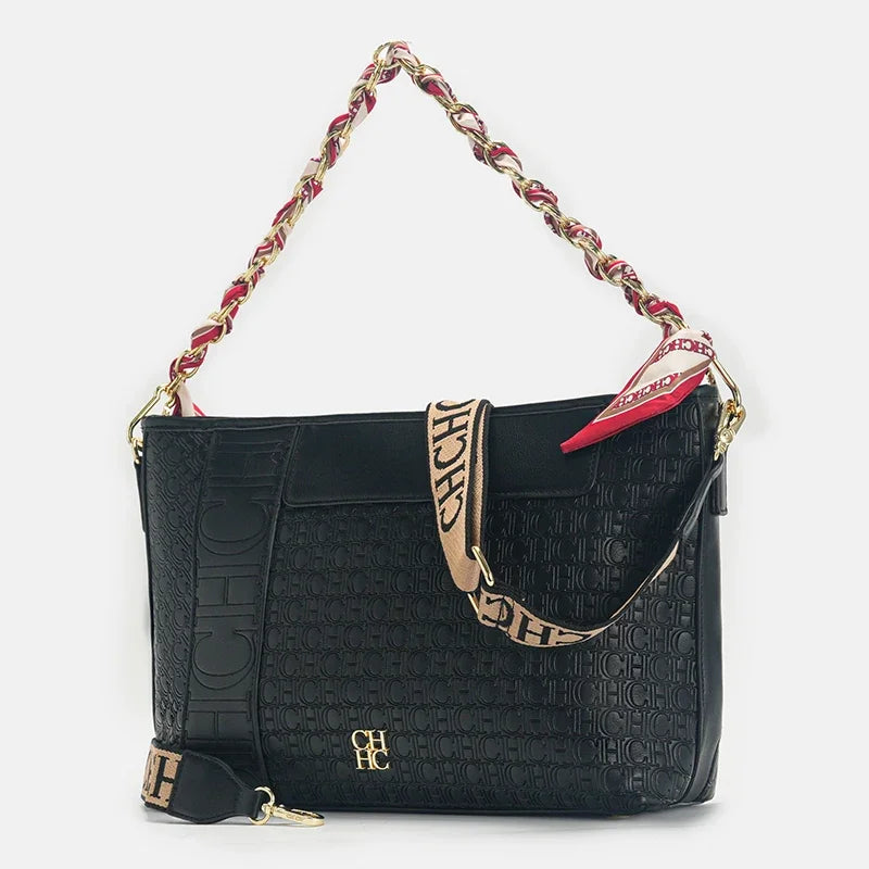 CH Fashion Chain Block Letter Print Wrap Silk Scarf Tote Bag Classic Square Shoulder Bag