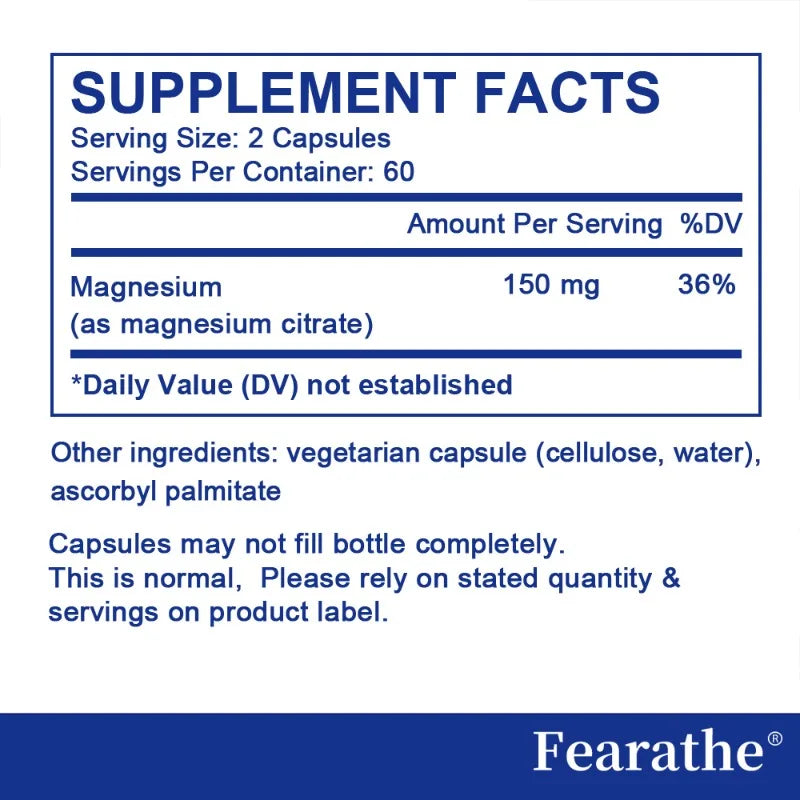 Magnesium Citrate Capsules - for Muscle, Bone, Heart, Metabolism and Nerve Function, Fatigue Relief, Gluten-free and Non-GMO