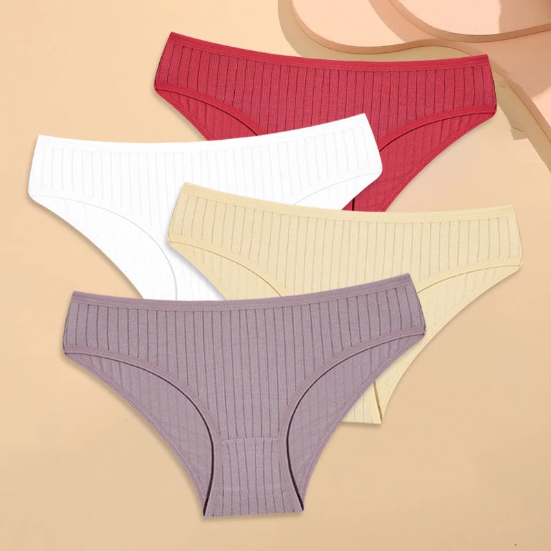4PCS Cotton Women's Breathable Underwear Sexy Striped Panties Plus Size Low-Waist Briefs Female Comfortable Sport Lingerie S-XXL