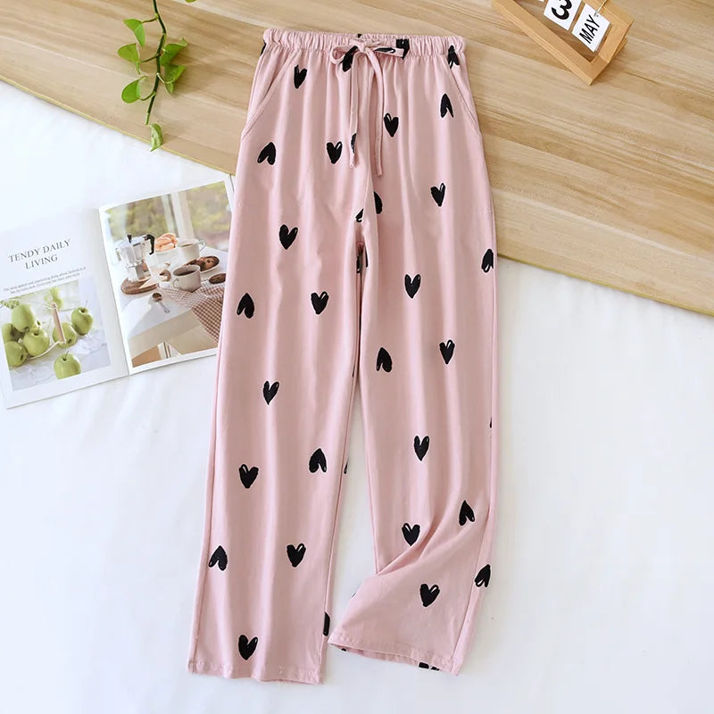 New Spring/Summer Women's Sleeping Pants 100% Pure Cotton Knitted Love Pants Straight Leg Casual Home Pants Lounge Wear