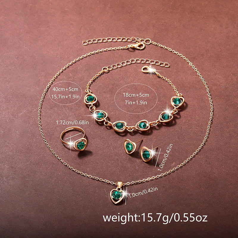 6 PCS New Lxury Love Rhinestone Jewelry Ladies Ring Necklace Earrings Bracelet Set Simple Digital Leather Strap Quartz Watch