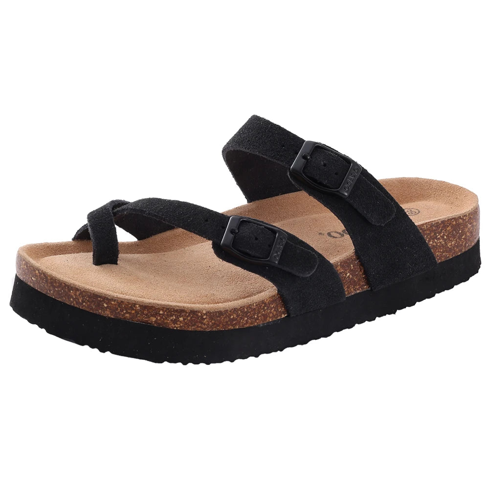 Evshine Platform Suede Sandals for Women Soft Cork Footbed Summer Slides with Adjustable Buckle Outdoor Slides With Arch Support
