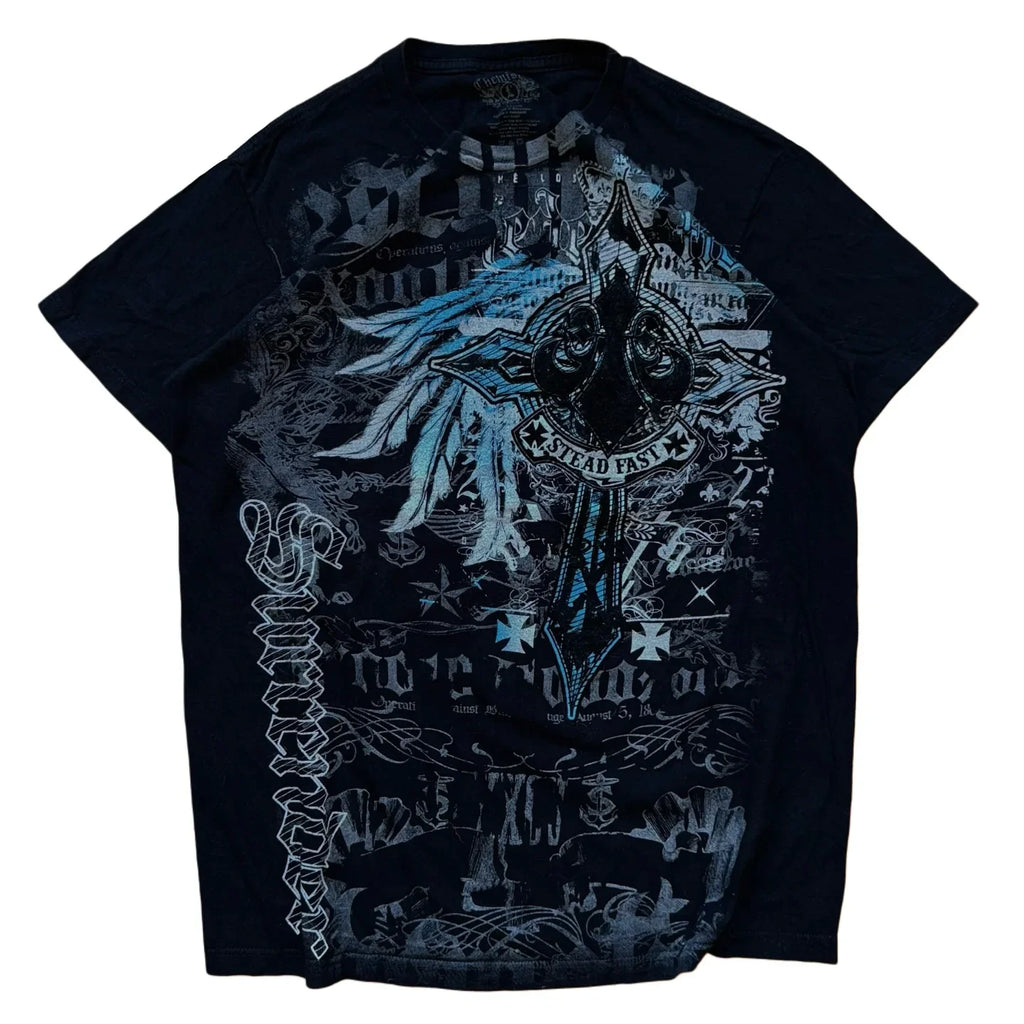 South pole Vintage Cotton Graphic Tee Distressed Oversized T-Shirt with Gothic Print