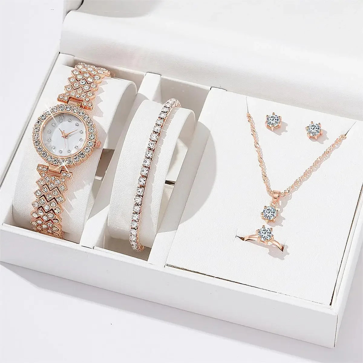 5pcs Luxury Watch Women Ring Necklace Earrings Bracelet Set Watches Silver Leather Strap Ladies Quartz WristWatch No Box
