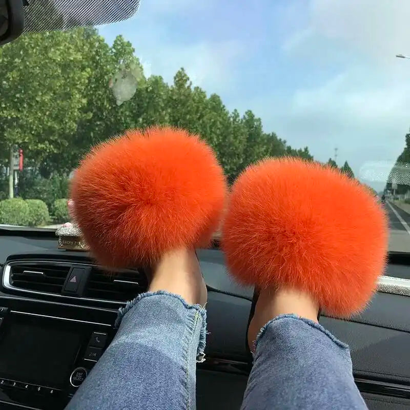 Fur Slippers Women Summer Fluffy Plush Casual Fluffy Flat Non-Slip Real Fox Fur Slides Outdoor Flat Ladies Sandals Flip Flops