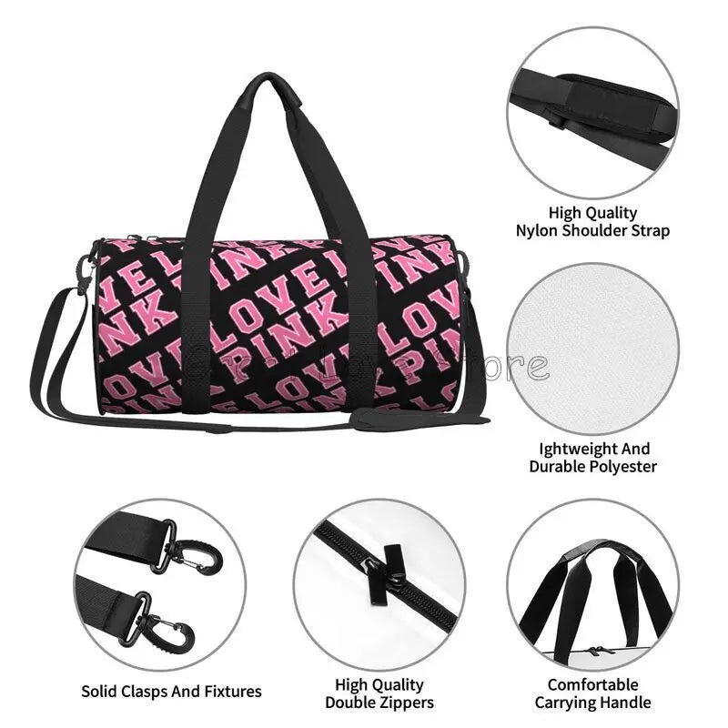 Love Pink Black Portable Sports Gym Yoga Bag Men Large Reusable Water-Resistant Oxford Handbag Vintage Travel Fitness Bag