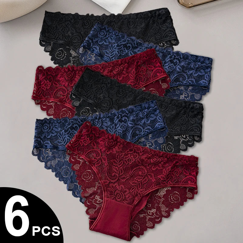 6PCS Cotton Lace Panties Set Solid Color Floral Hollow Out Sexy Women's Briefs Breathable Comfy Female Underwear Lingerie