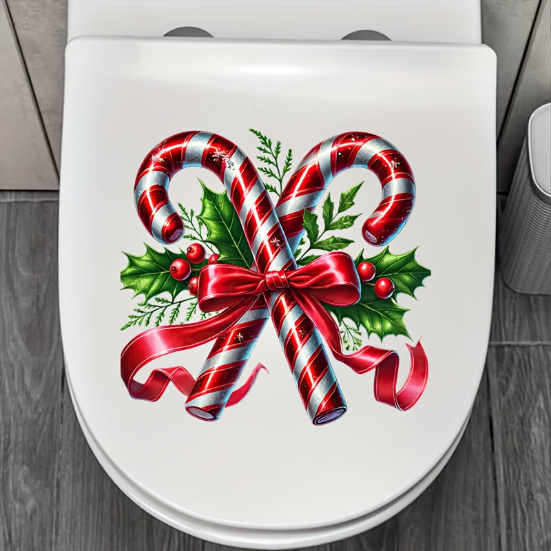 1pc Christmas Candy Cane Toilet Seat Cover Sticker  SelfAdhesive Holiday Bathroom Decor with Holly Berries  Bow Design Durable Safe Material Square SemiGloss Finish for Festive Wall or Toilet Decoration