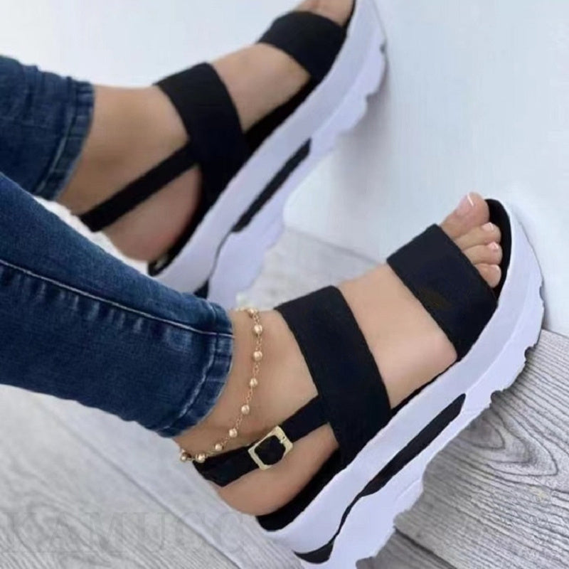 Womens Solid Color Platform Sandals Ankle Strap Wedge Shoes