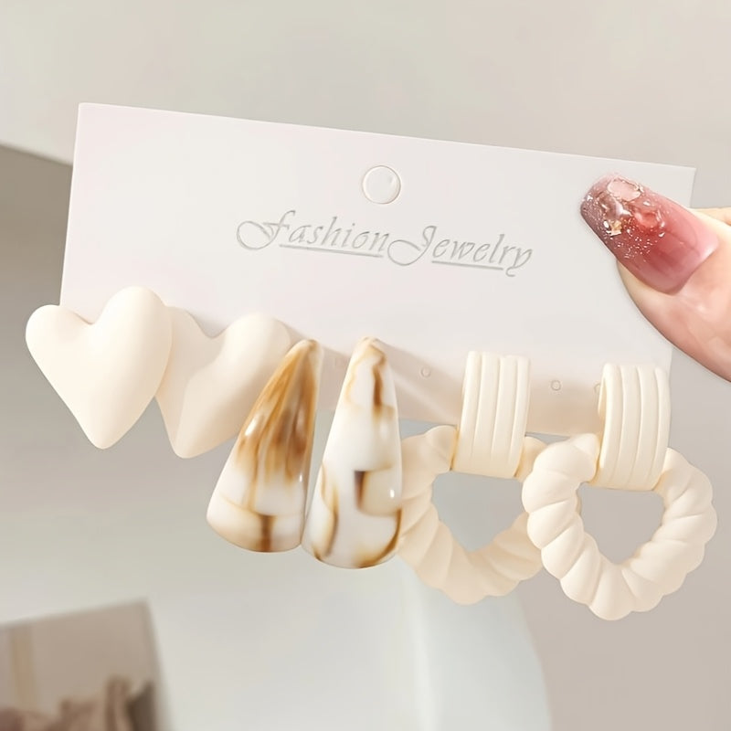 6pcs White Heart Hoop Earring Set for Women  Cute  Simple Fashion Jewelry