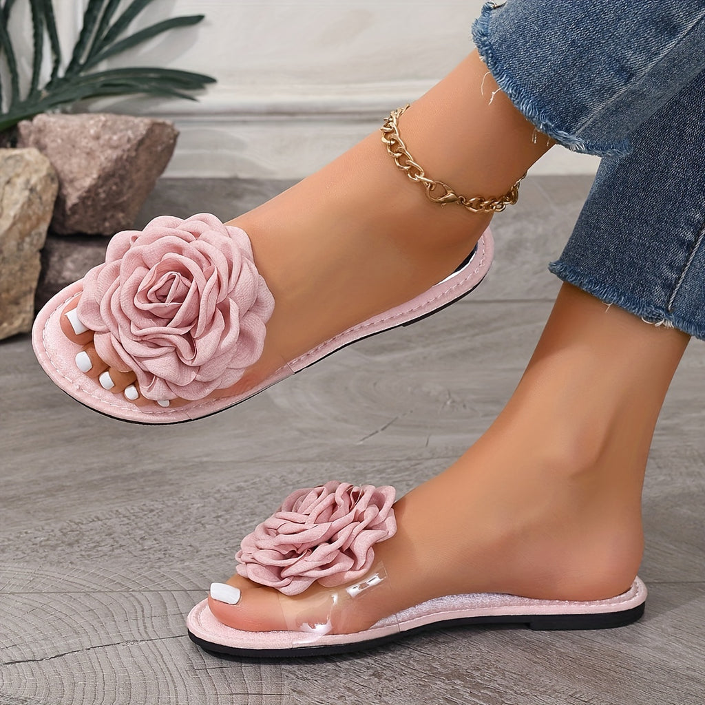 Womens Flower Decor Slide Sandals  Casual Open Toe Flat Sandales 