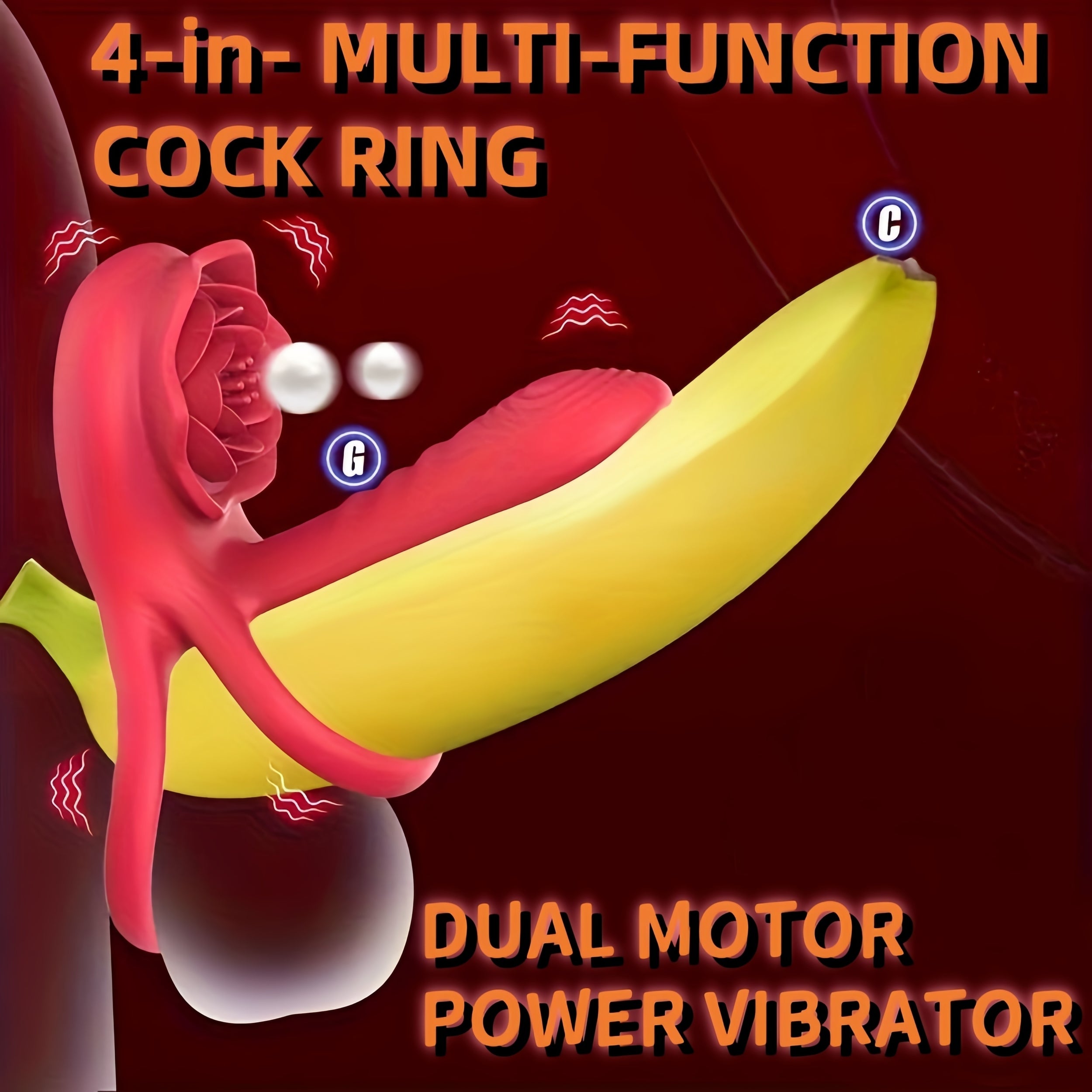 1pc Womens Double Vibrating Cock Ring  Red Rechargeable Dual Motors 9 Speeds