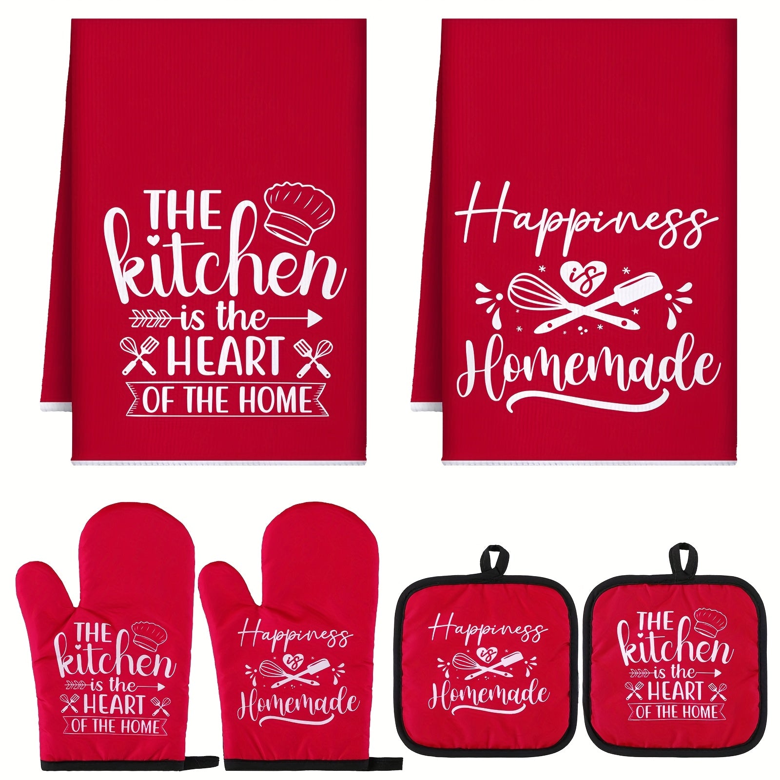 6pcs Kitchen Decor Accessories Set Farmhouse Towels Pot Holders Oven Mitts Set 2 Dish Towels 2 Potholders 2 Cooking Mittens Oven Glove for Baking Cooking Supply Red Kitchen