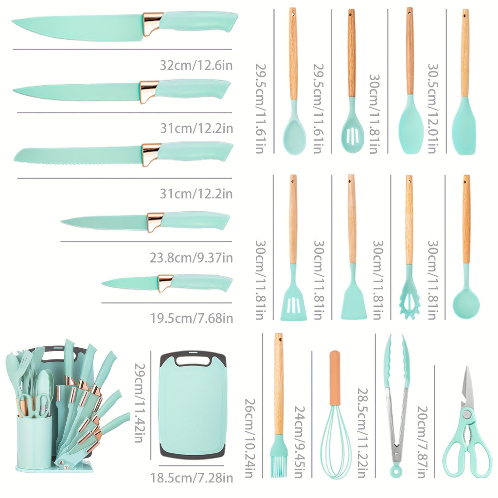 19pcs Premium Silicone Kitchen Utensil  Knife Set  HeatResistant NonStick Safe Cooking Tools With Wooden Handles  Chef Knives  Includes Storage Stand  Perfect Gift For MotherS Day