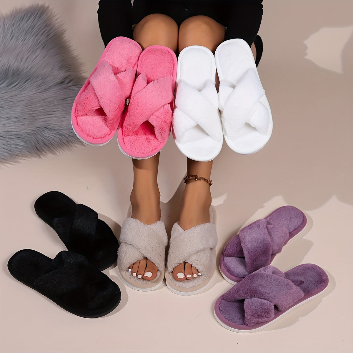 Plush Slippers Soft Plush Womens Slippers  CrossStrap SlipOn with NonSlip EVA Sole  AllSeason IndoorOutdoor House Shoes for Home Postpartum  Casual Wear PinkWhiteBlackLavender