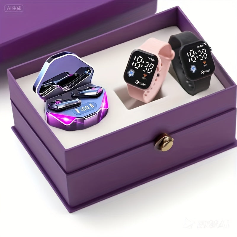 2025 Best Gift 1 Durable Bluetooth Headset 2 Smartwatch Combo Sports Running Bluetooth Headset with LED Display Charging Case Long Battery Life for Sports And Gaming Enthusiasts  Perfect for Exercise Running  Fitness Best Birthday Gift