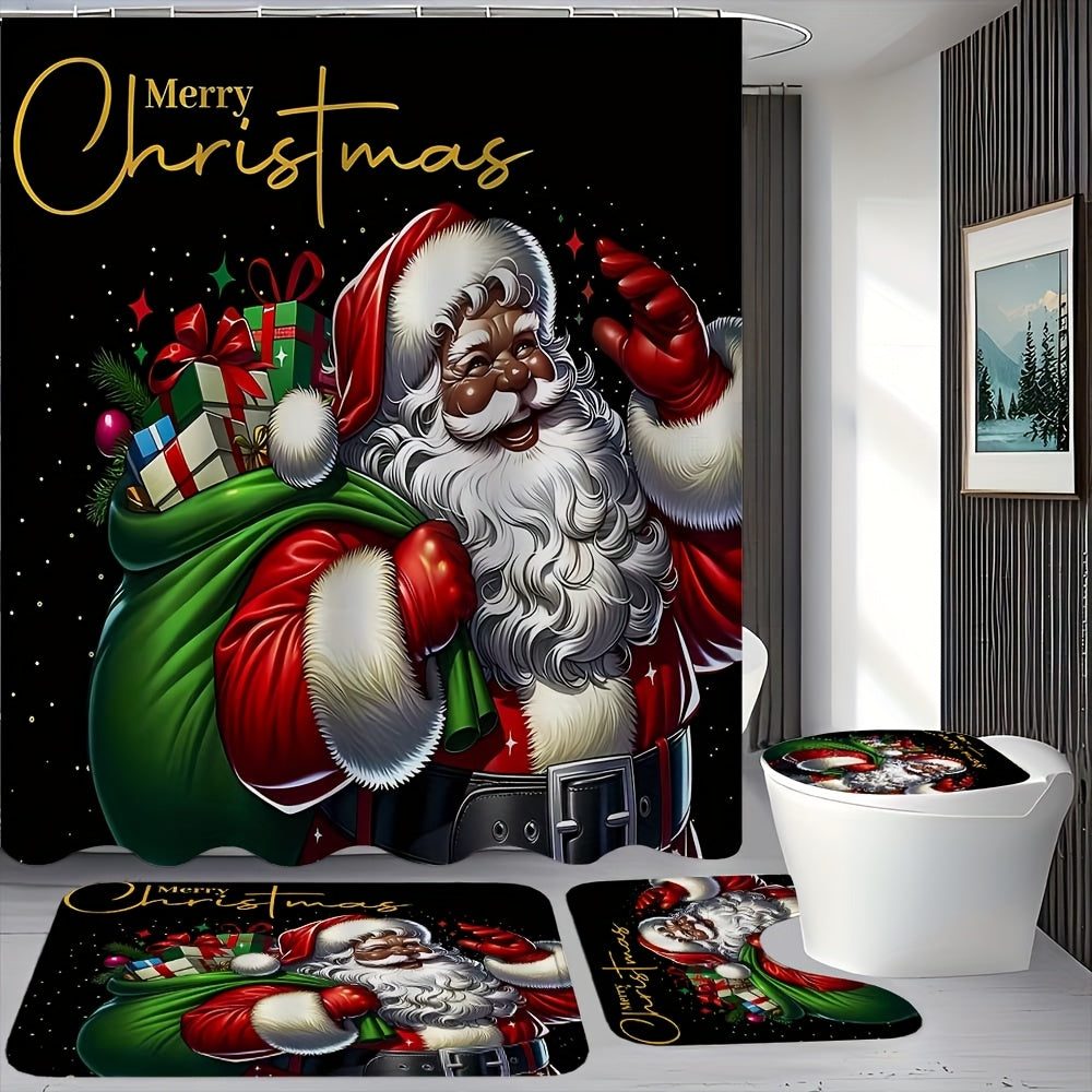 14pcs Santa Claus Pattern Shower Curtain Set with 12 Hook Shower Curtain Non Slip Floor Mat Toilet Ushaped Pad Toilet Lid Pad Bathroom Sets Full Set Bedroom Decoration Home Decoration Bathroom Decoration And Accessories Christmas Gift